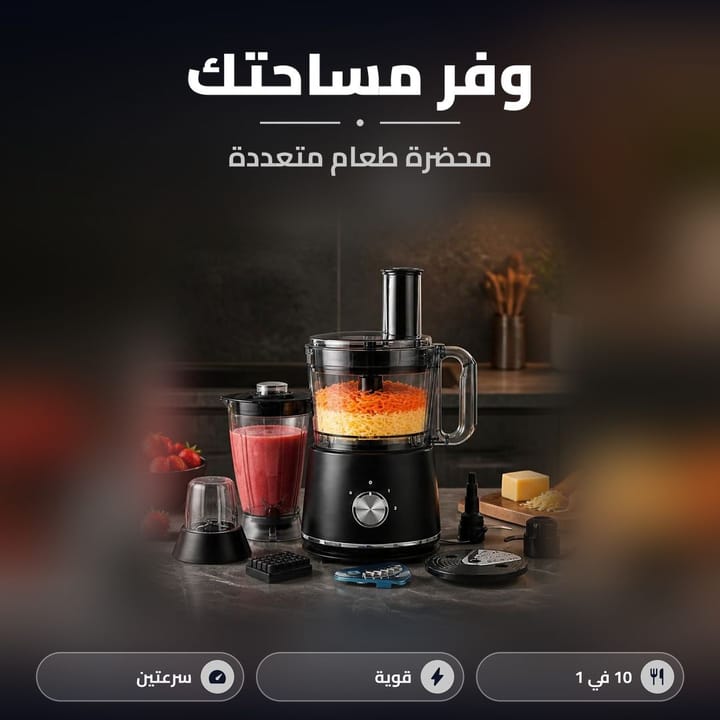 Multifunction kitchen robot grating carrots with a blender jug and attachments