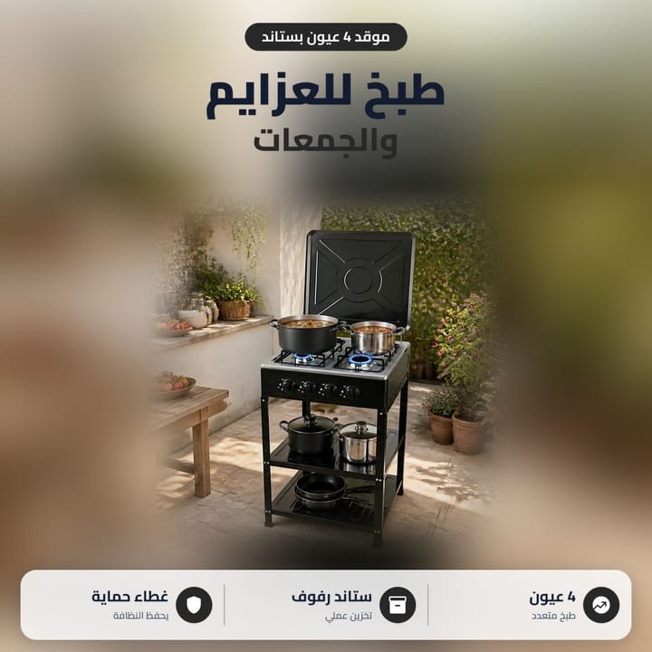 موقد 4 عيون بستاند للطبخ للخطار والجمعات مع رفوف للتخزين