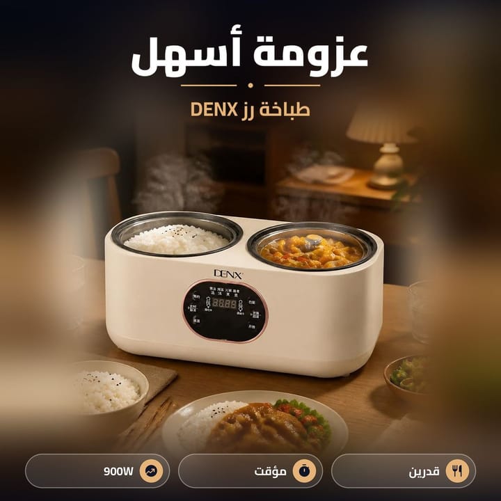 قدر كهربائي مزدوج DENX على سفرة العشا بيه رز ومرق