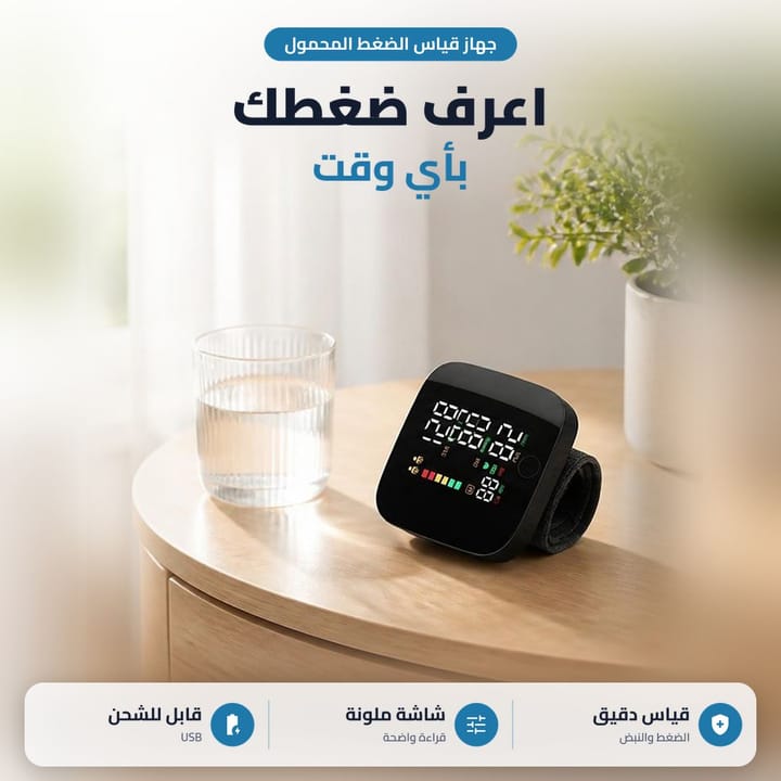 جهاز قياس الضغط المنزلي على طاولة جنب كلاص ماي