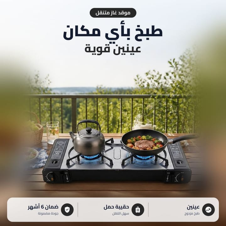 موقد غاز متنقل عينين عليه كتلي ومقلاية بحقيبة حمل للسفرات