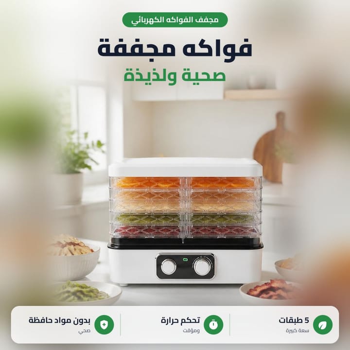 مجفف فواكه كهربائي بـ 5 طبقات وبيه شرائح فواكه مجففة