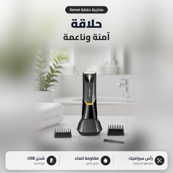 ماكينة حلاقة الجسم كيمي ويا مشطين للطول وفرشاة تنظيف بالحمام