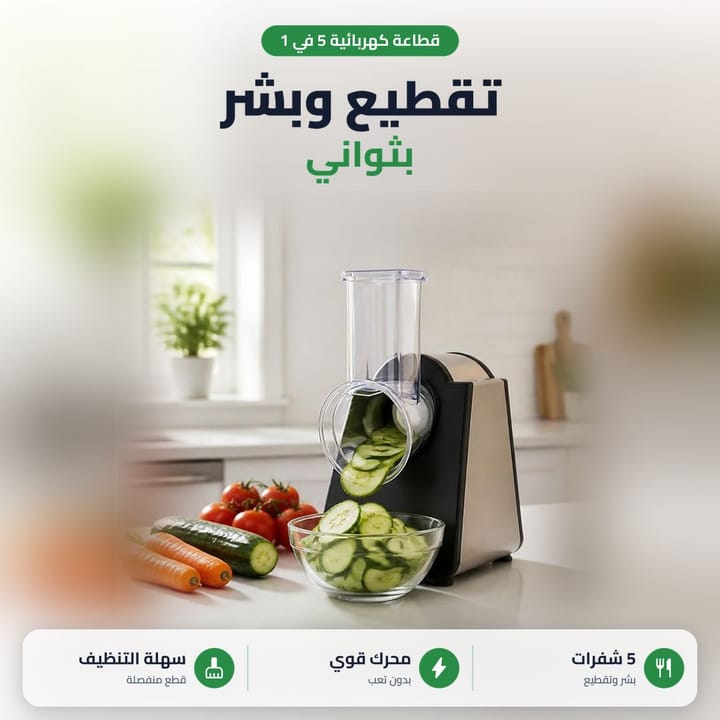 قطاعة سلطة كهربائية تقطع خيار شرائح بصحن جنب طماطة وجزر