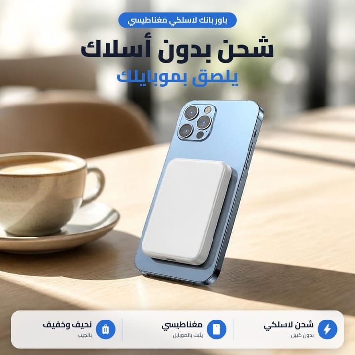 باور بانك لاسلكي مغناطيسي لازك بظهر موبايل على طاولة جنب كوب قهوة