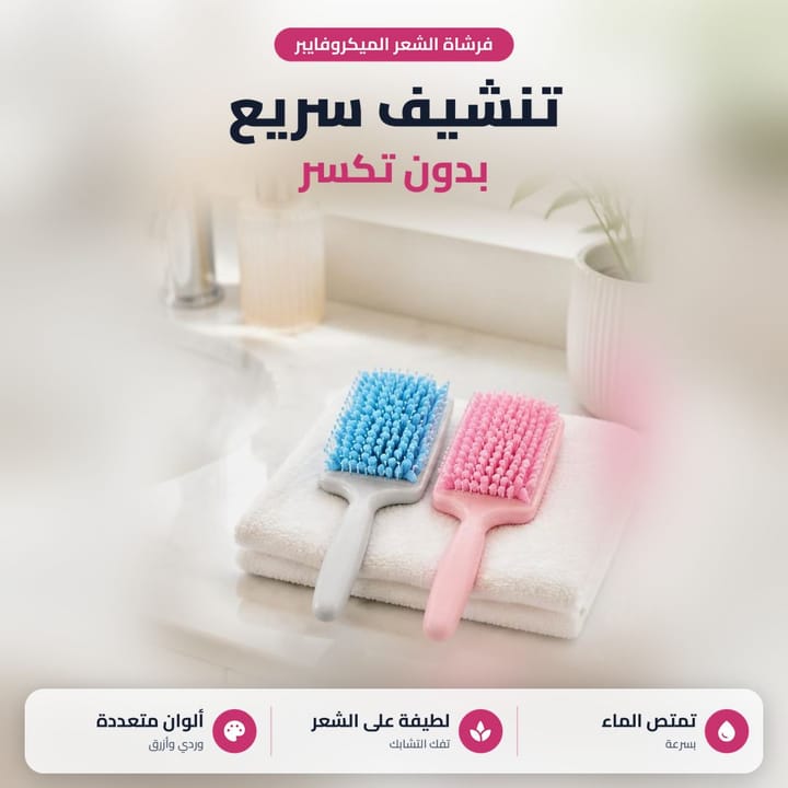 فرشاة شعر مايكروفايبر زرقاء ووردية على خاولي بالحمام لتنشيف الشعر