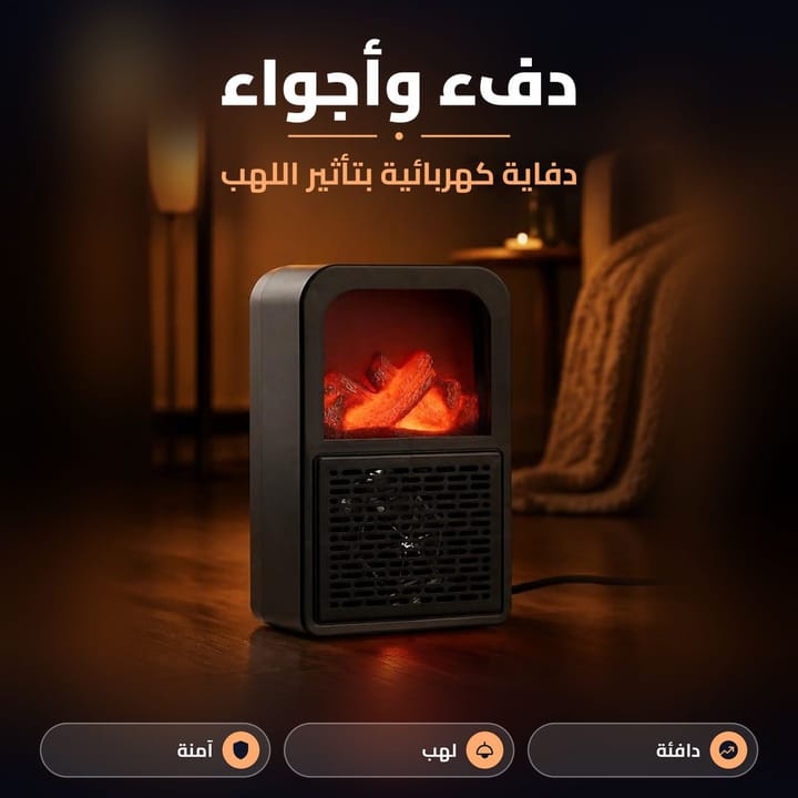 دفاية لهب كهربائية صغيرة تضوي بالليل جنب بطانية