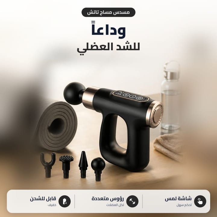 مسدس مساج تاتش على أرضية خشب جنب حصيرة رياضة ورؤوس متعددة