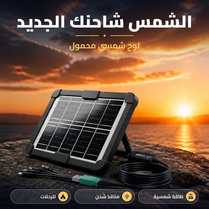 شاحن شمسي محمول على صخرة وقت الغروب، لوح سولار صغير لشحن الموبايل