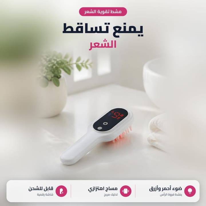 مشط مساج فروة الراس أبيض بشاشة ديجيتال على طاولة حمام فاتحة جنب منشفة