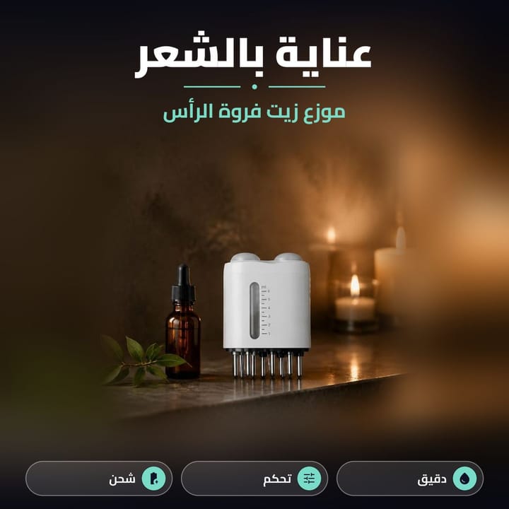 أداة توزيع الزيت للشعر بيضاء مع قنينة زيت على طاولة بضوء الشموع