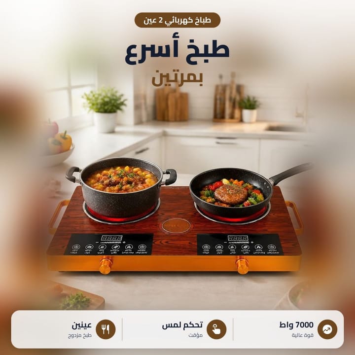 طباخ ليزري عينين بسطح خشبي عليه جدر ومقلاة طبخ بمطبخ فاتح