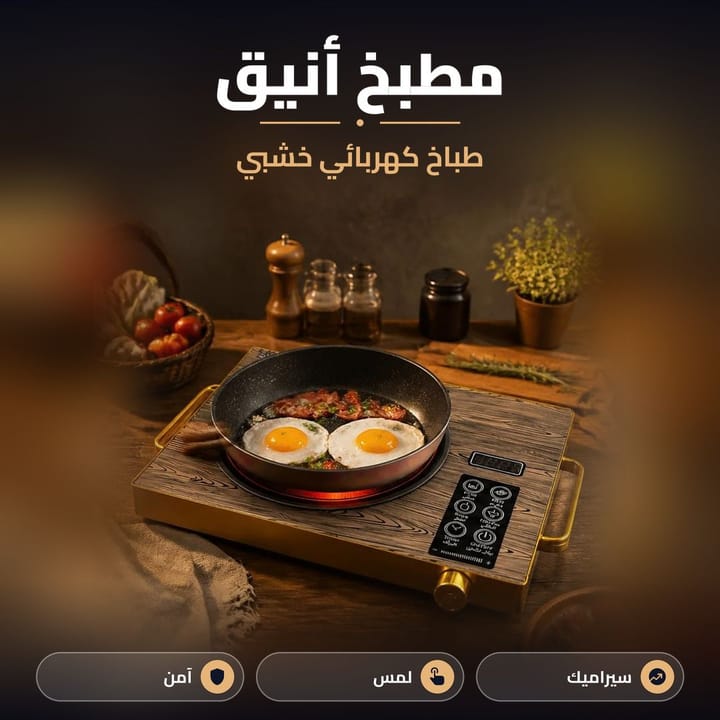 طباخ كهربائي بشكل خشبي أنيق بسطح سيراميك ولمس