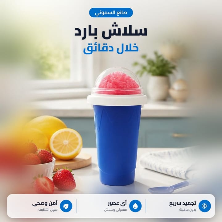 كوب صنع السلاش مليان سلاش فراولة جنب ليمون وفراولة وملعقة صغيرة