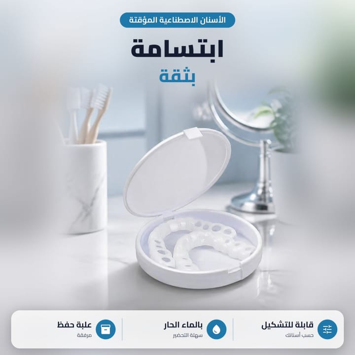 اسنان تجميلية مؤقتة بعلبتها جنب مراية على طاولة حمام