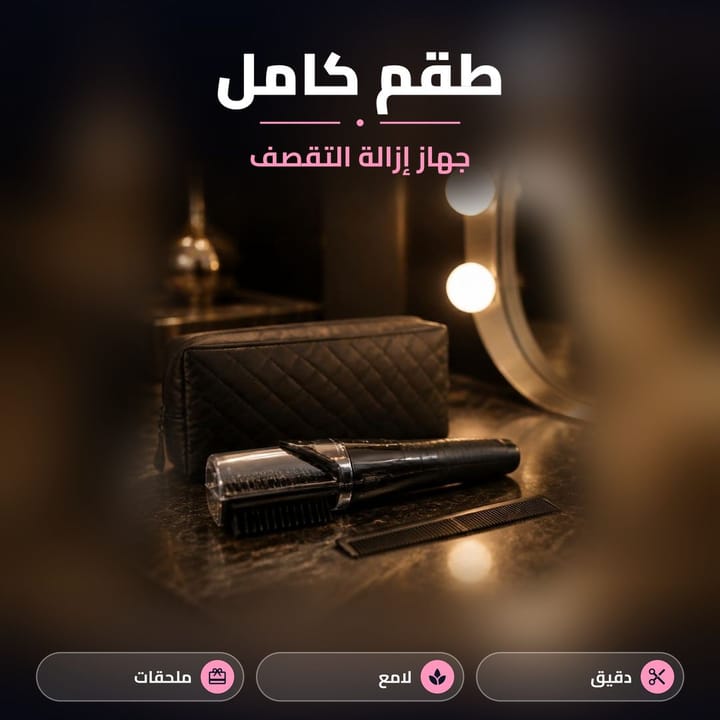 طقم جهاز التقصف للشعر ويا الحقيبة والمشط على طاولة تسريحة