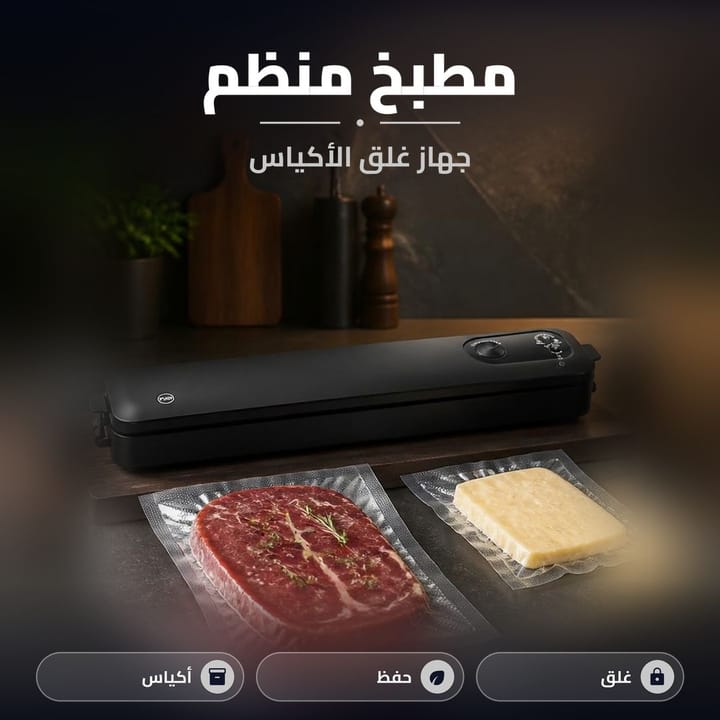 جهاز غلق الاكياس بالمطبخ ويا قطعة لحم وجبن بأكياس مفرغة من الهواء